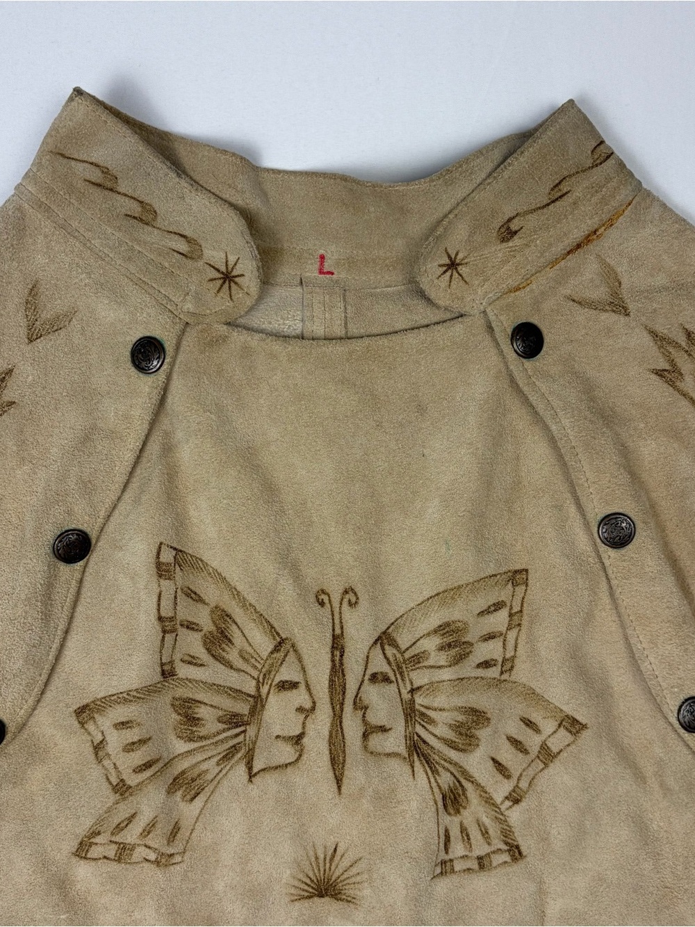 VTG 70s Mexican Suede Leather Butterfly Face Cape Poncho Boho Western - Picture 3 of 13